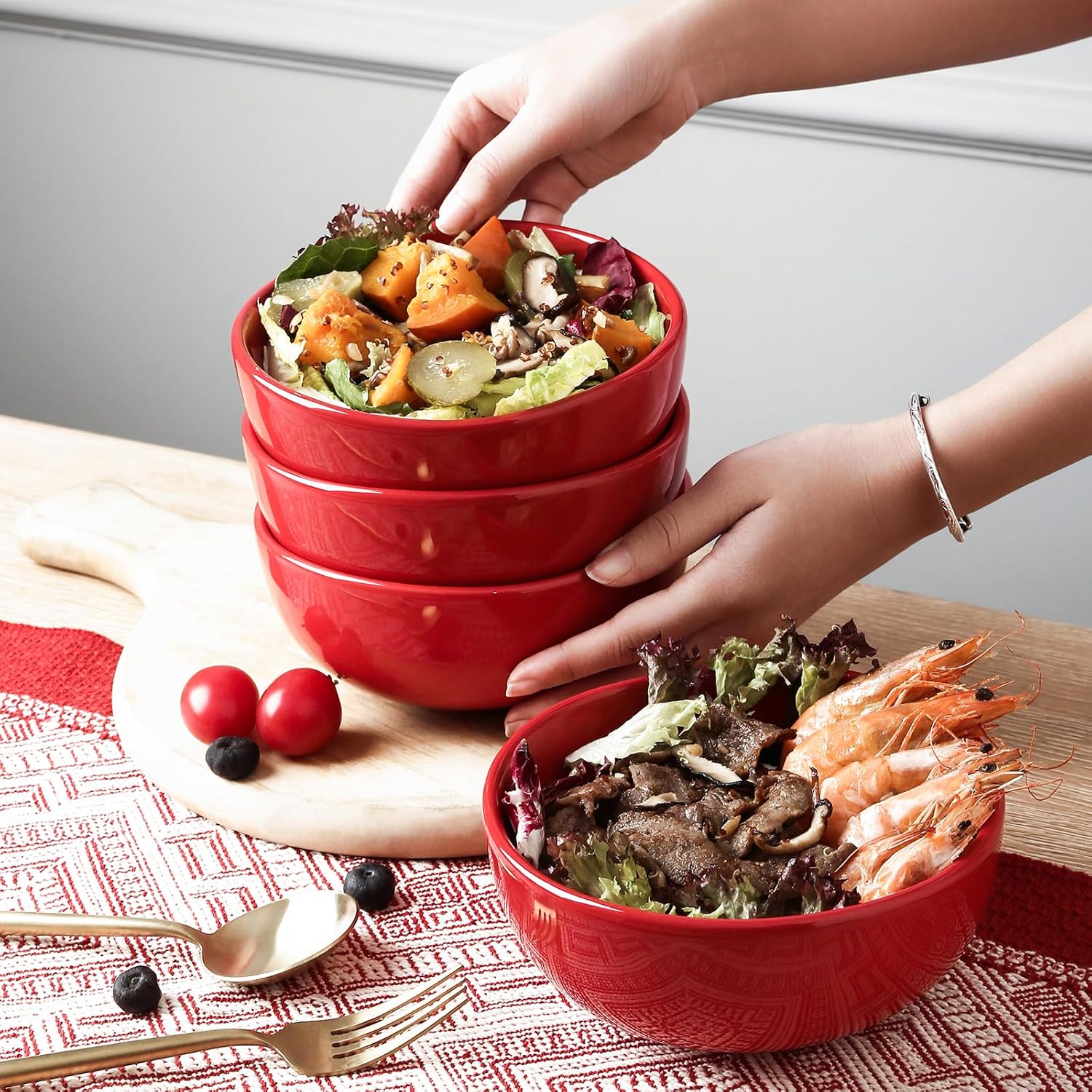 vicrays ceramic cereal bowls set - porcelain 26 ounce soup salad bowls set - rice dessert cream bowls set - chip resistant dishwasher microwave safe - set of 6 (red)