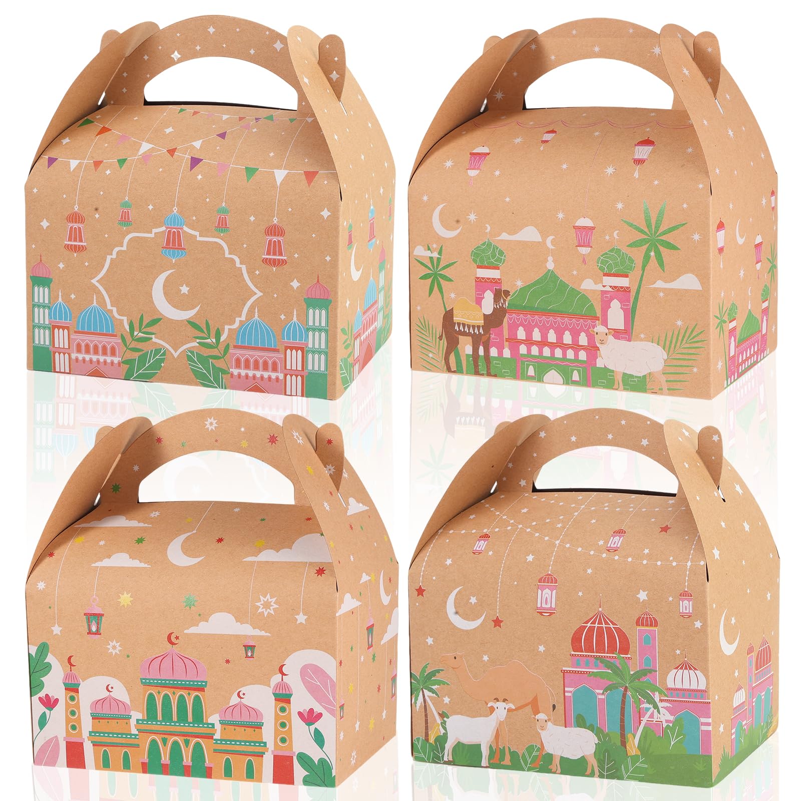 DPKOW 12pcs Ramadan Eid Gift Bags Treats Boxes for Eid Ramadan Party Favour Candy Cookie Supplies, Islamic Pattern Kraft Paper Bags Boxes for Eid-al-Adha Umrah Hajj