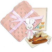 Baby Toddler Set in Gift Box, BabyShower and Newborn Gift Set, Cotton Blanket, Wooden Hair Brush Set, Soft Crochet Bunny, Baby Gift Basket for Newborn, Baby Gift Box Peach