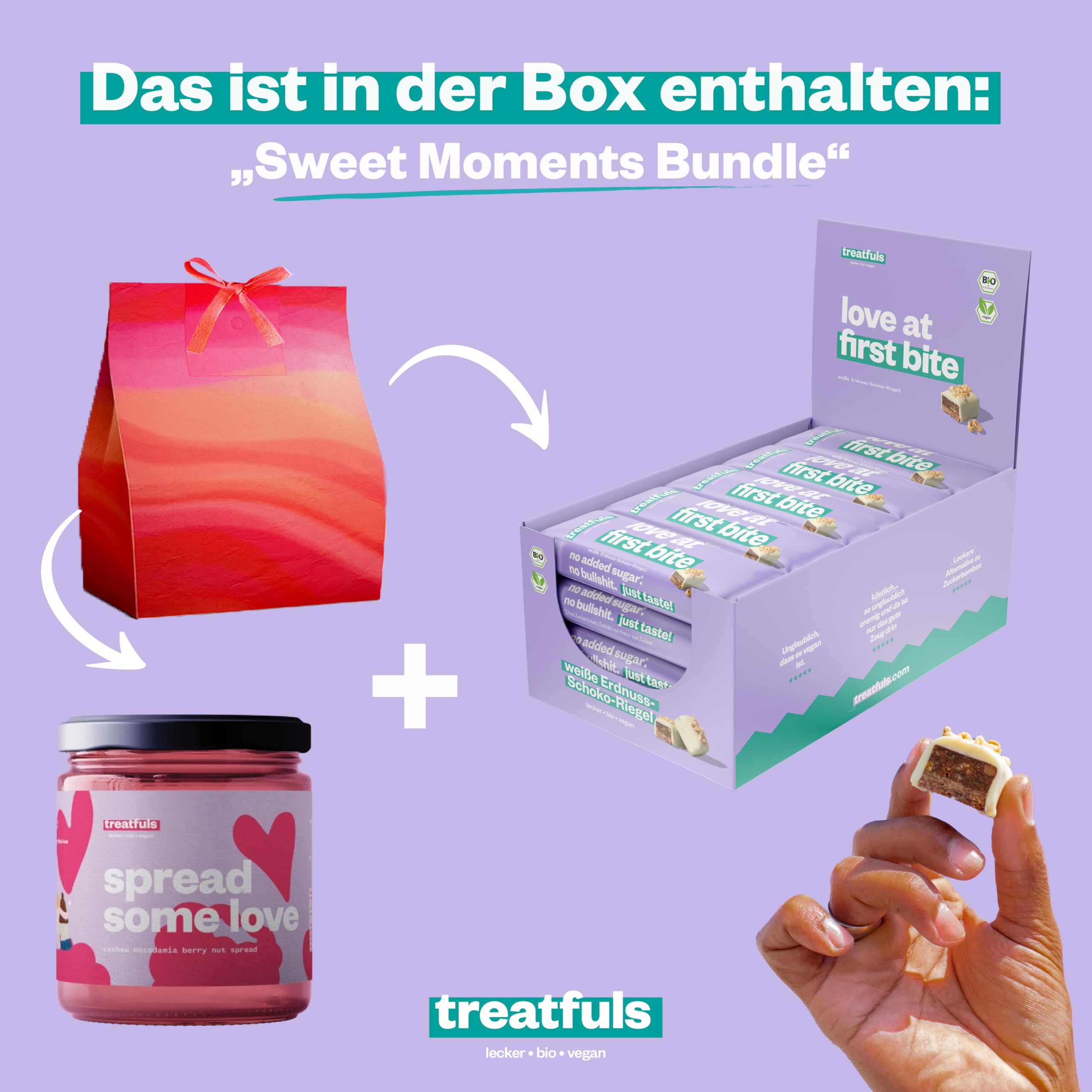 treatfuls Geschenkset aus weißen Schoko Riegel + Nussbutter Aufstrich - vegan - 100% natürliche Zutaten - glutenfrei - vegane Süßigkeiten - Dattelkaramell - Erdnuss