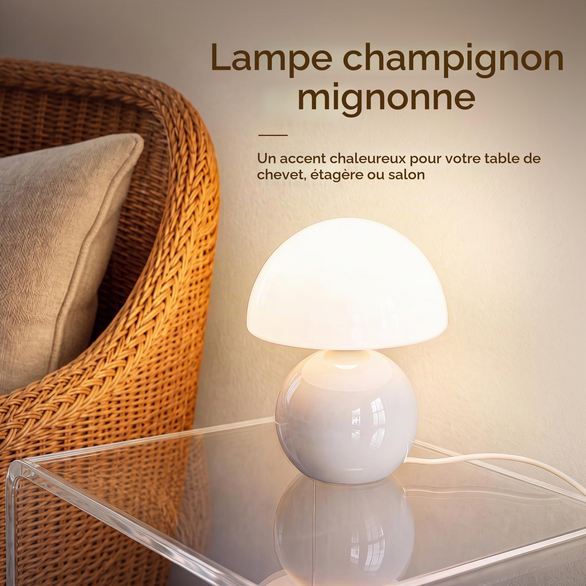 Dawnwake Lampe de table champignon en céramique - Petite lampe de chevet en verre pour chambre, salon, chambre d'enfant, veilleuse unique et esthétique pour filles