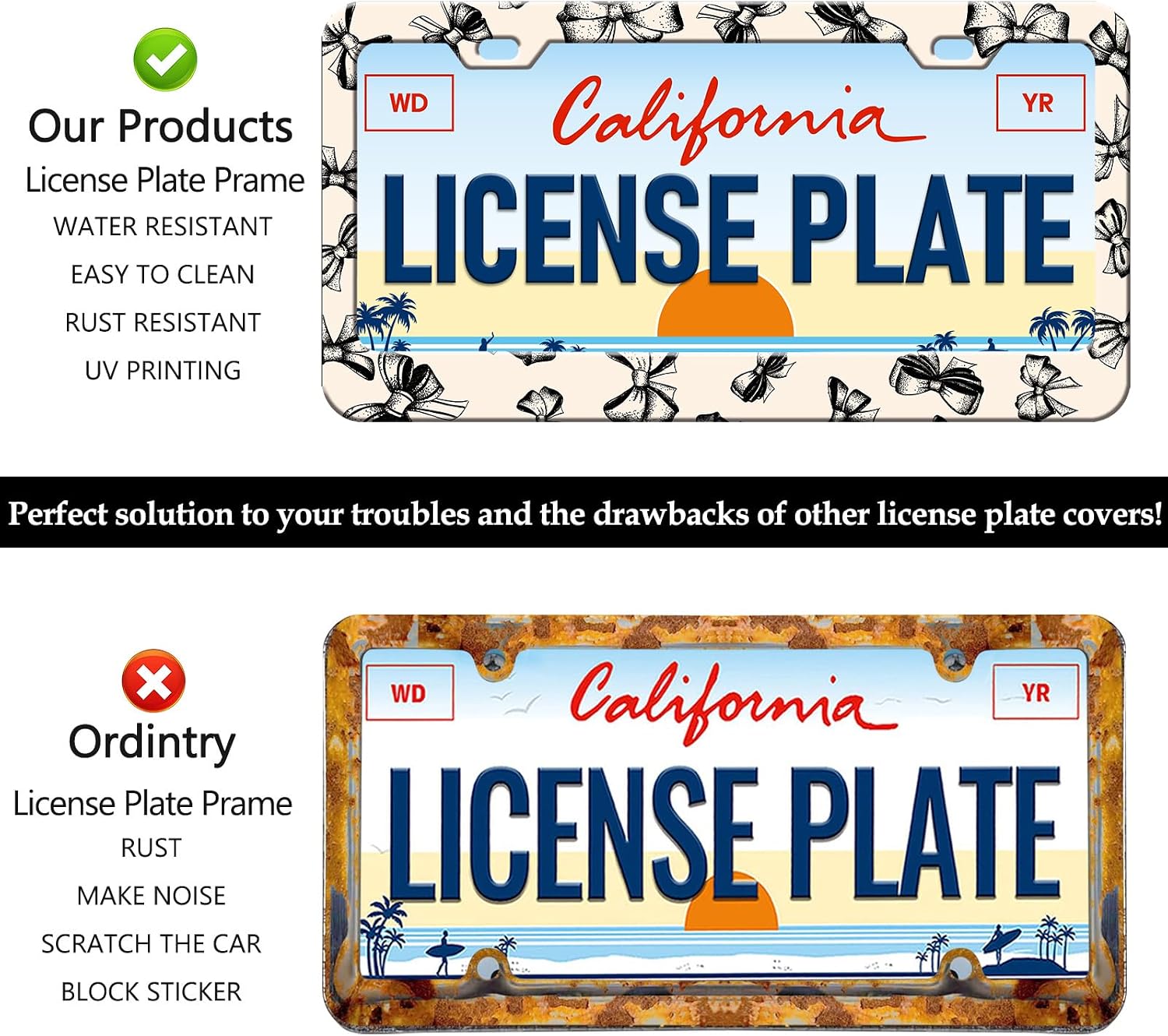 HCSS Cute Black Ribbon Bow License Plate Frames - 2 Pack Funny License Plate Holder, Aluminum Metal Rust-Proof Waterproof Car Decorative Tag Frame for Standard US 12x6 Inch image 4