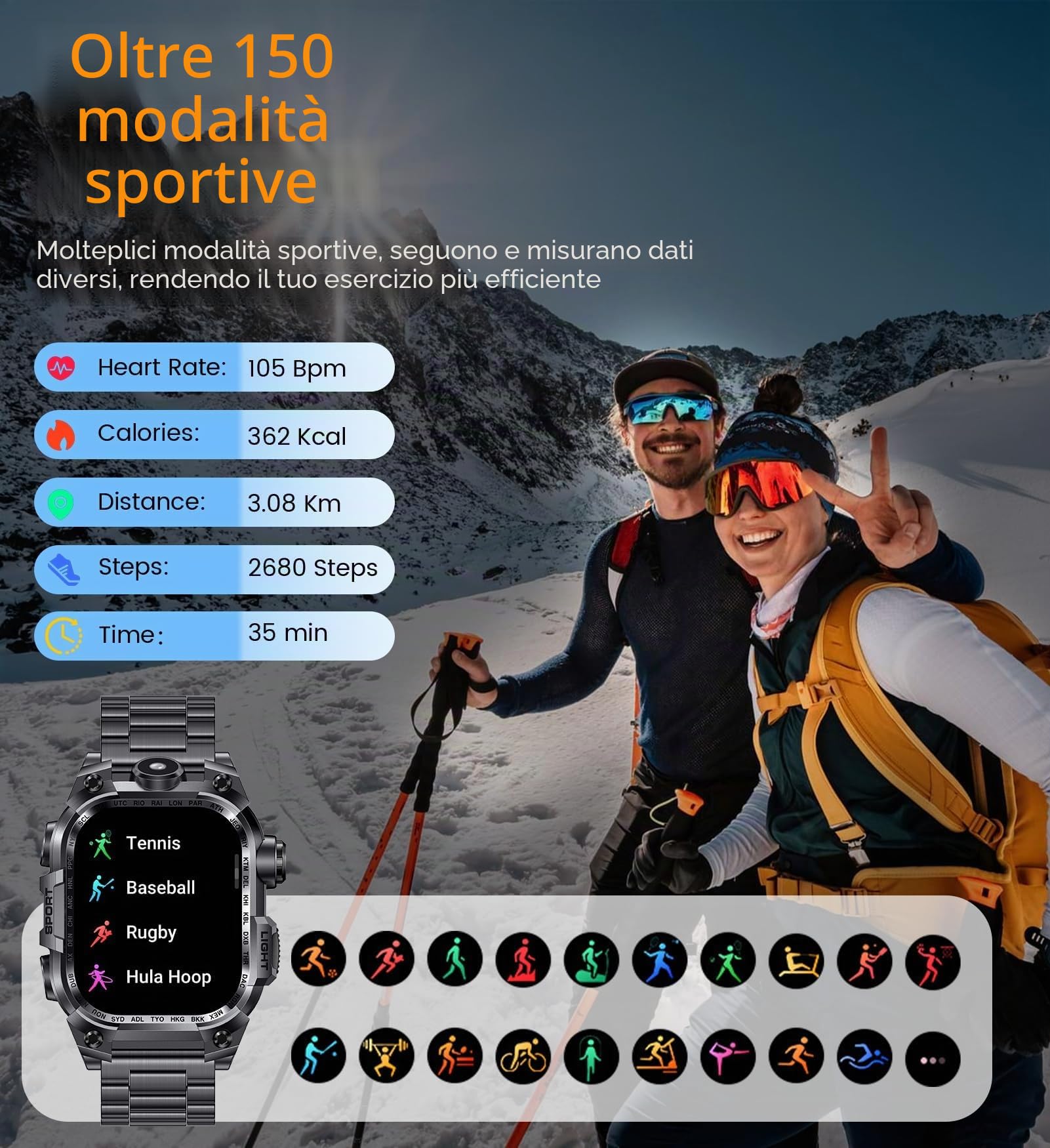 Smartwatch Uomo, 2.01" Militari Smart Watch con Chiamate 150+ Modalità Sportive 650 mAh LED Torcia Contapassi Sonno Cardiofrequenzimetro, Rugged Smart Watch Impermeabile per Android iOS(Nero)