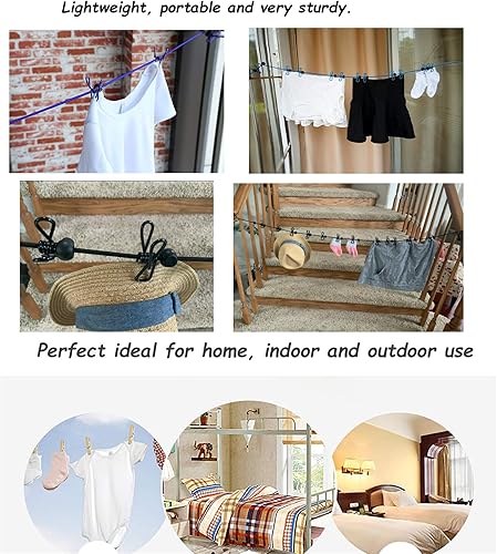 Miniatura 3 de Tendedero azul resistente al viento de 11 pies con 12 clips, ajustable para el hogar, viajes y uso al aire libre