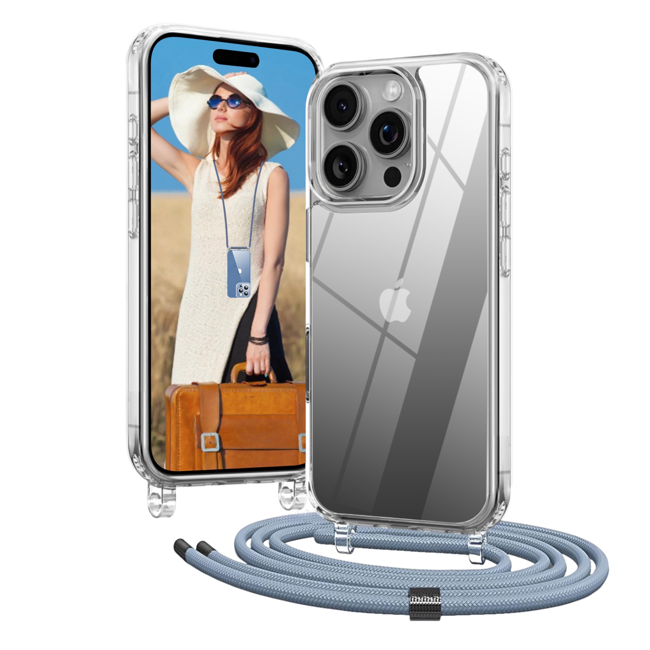 OLEPHY Cover per iPhone 16 Pro con Cordino 6,3'', Trasparente Custodia con Regolabile Collana, Protezione Completa [Antiurto] [AntiGraffio] Case con Laccio Tracolla, Blu