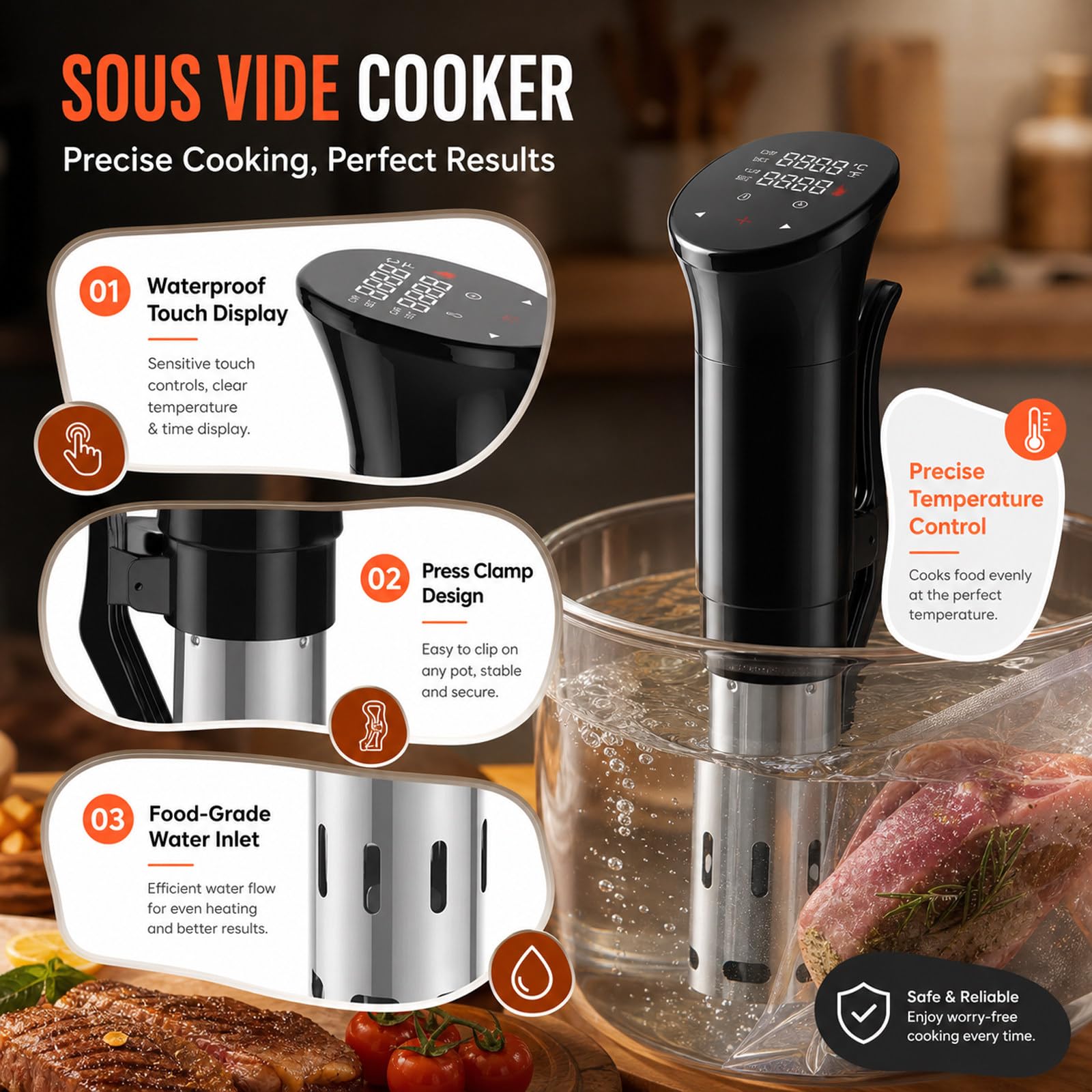 Cocedor Sous Vide, Máquina Sous Vide de inmersión, Acero Inoxidable 304 de Grado alimenticio, Ahorro de Espacio, Ideal para reuniones y Fiestas en casa