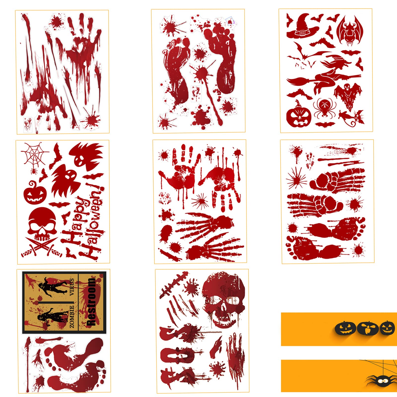 PMELCXD Halloween Bloody Window Stickers, 8 Sheets Halloween Bloody Handprints Footprints Sticker Horror PVC Sticker Bloody Handprint Decals Bloodstains Window Decals Floor Sticker Clings