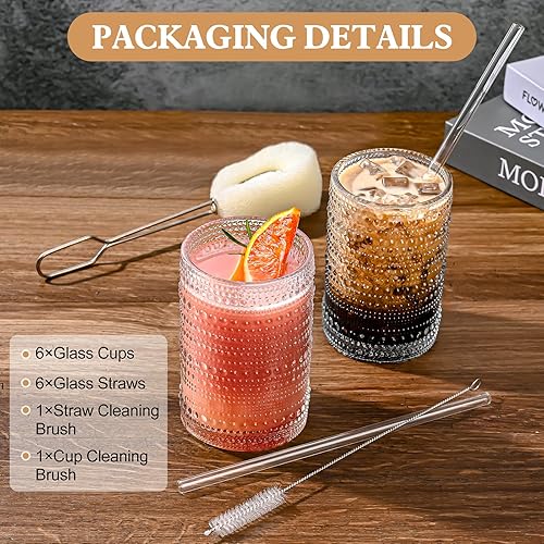 Miniatura 6 de Juego de vasos de vidrio vintage de 6 vasos de vidrio de hobnail de 15 onzas, vaso de agua transparente en relieve, para cerveza, cóctel, whisky,