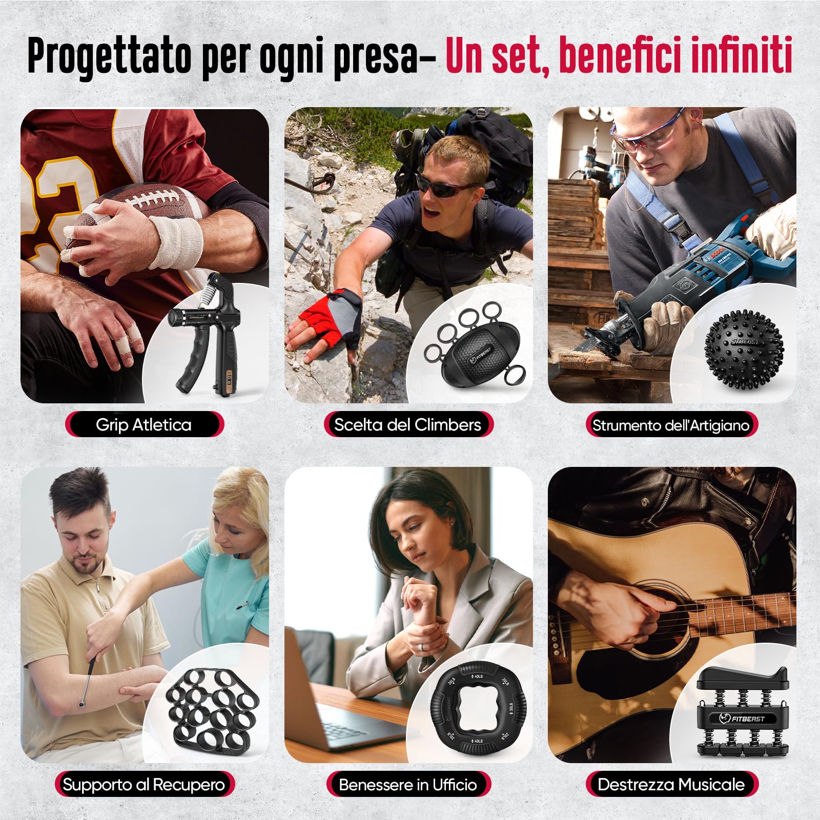 FitBeast Allenatore di Presa, Kit Rafforzatore Mani - 6 Pezzi con Resistenza Regolabile, Esercitatore Avambraccio e Sfere Massaggianti per Terapia della Mano, Allenamento e Recupero