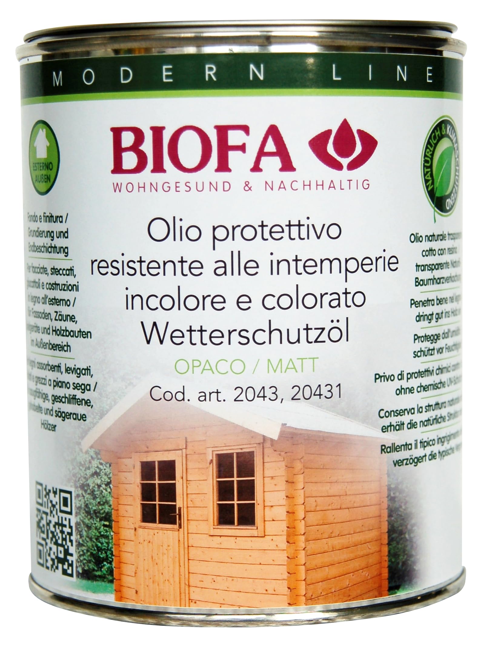 BIOFA 2043 OPACO INCOLORE Olio naturale per legni esterni 1 lt