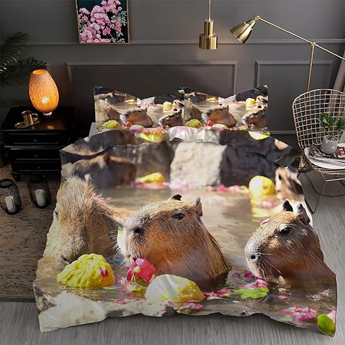 Juego de funda de edredón Capybara de color marrón claro, tamaño King, con estampado de animales, funda de edredón de microfibra suave y 2 fundas de