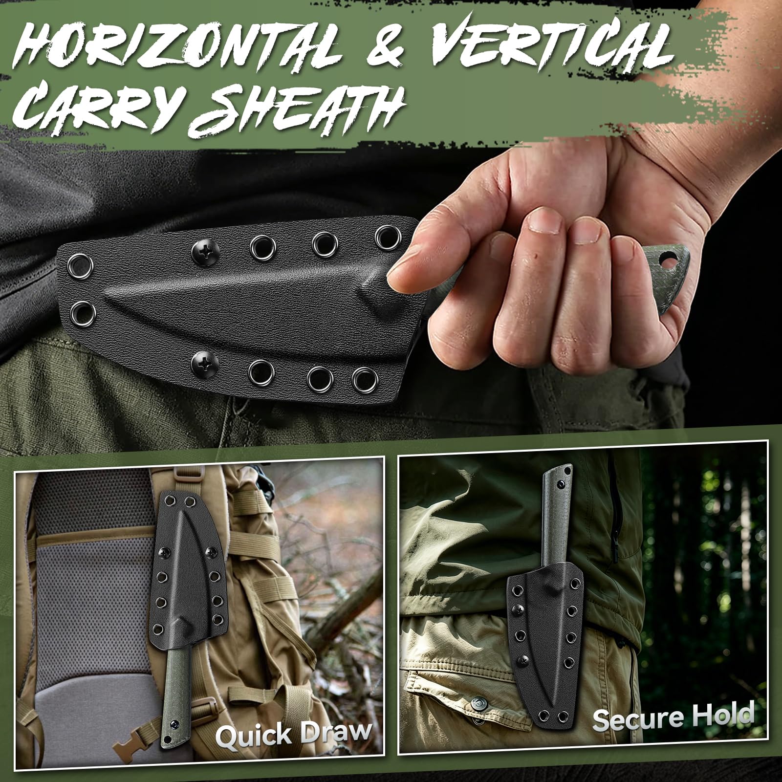 Purple Dragon Outdoor Messer D2 Stahl Klinge und Grün G10 Griff | Feststehendes Messer Full Tang Survival Messer mit Kydex-Scheide für Camping & Bushcraft - Leichtes Geschenk für Männer