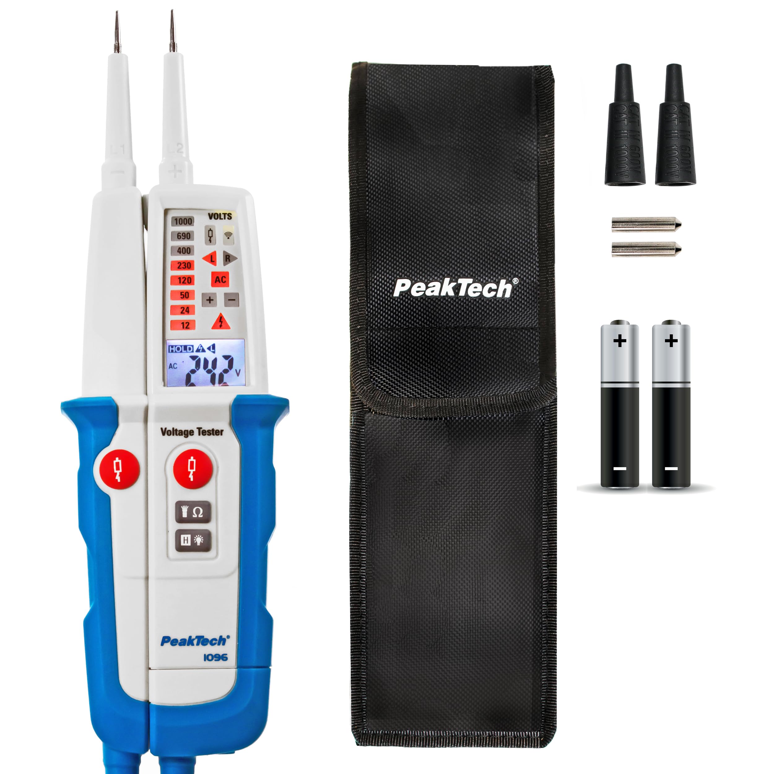 PeakTech P 1096 Stromprüfer Spannungsprüfer zweipolig + Dual Anzeige & FI-Test, Staub- & Wasser Schutz (IP64) LCD-Display + Taschenlampe, Durchgangsprüfer, Spannungsmesser 6V-1000V
