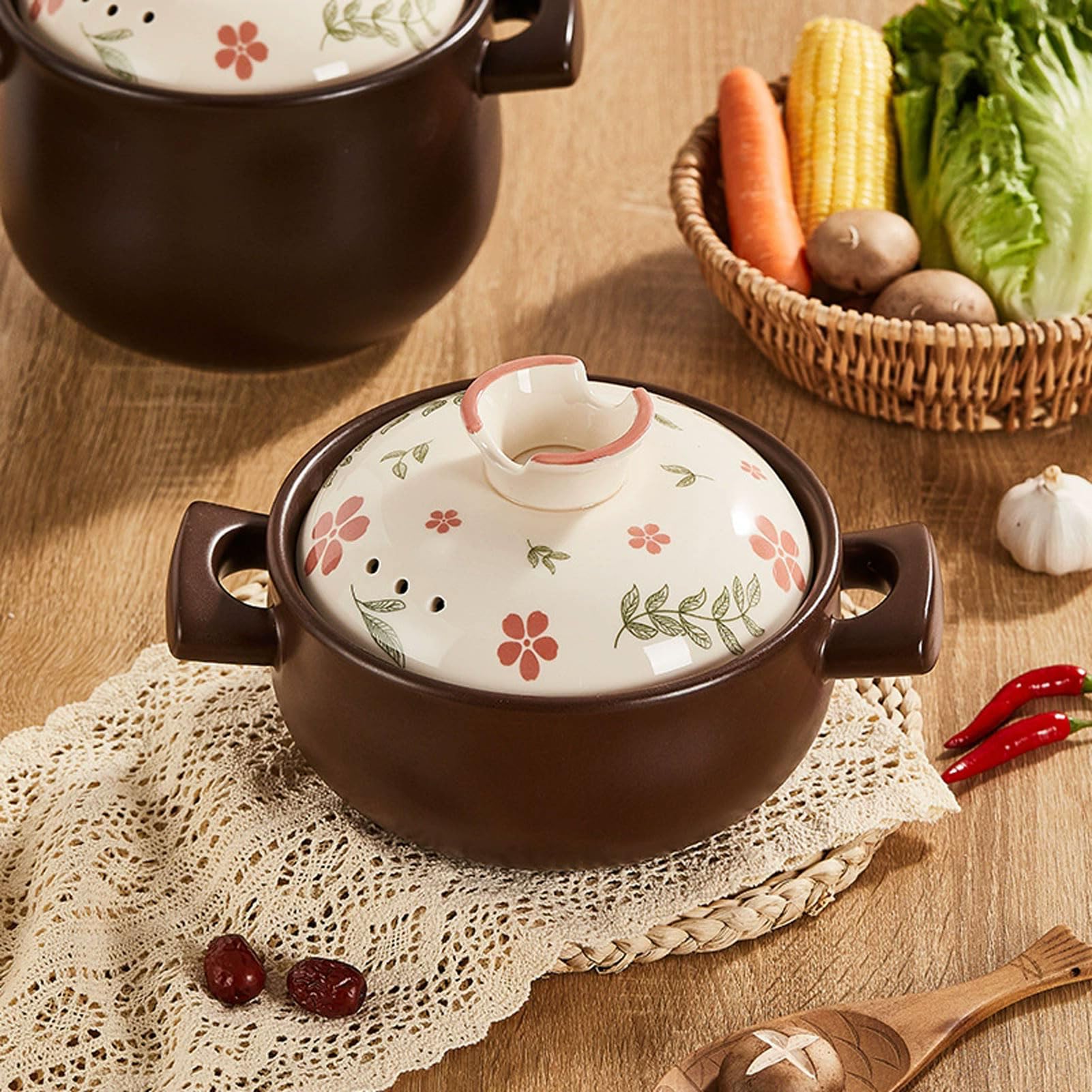 Ceramiczny garnek do zapiekania, gliniany garnek do gotowania zupy z pokrywką, czarny ceramiczny garnek do zupy na otwartym ogniu, garnek do gotowania w kuchni domowej (2.2L)