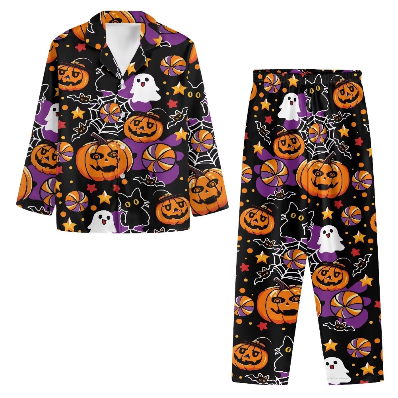 Halloweenowy zestaw piżam męskich, 2 sztuki, przytulna piżama z wycięciem dla mężczyzn, codzienna męska bielizna nocna z długim rękawem z kieszeniami i elastyczną opaską, dynia, duch