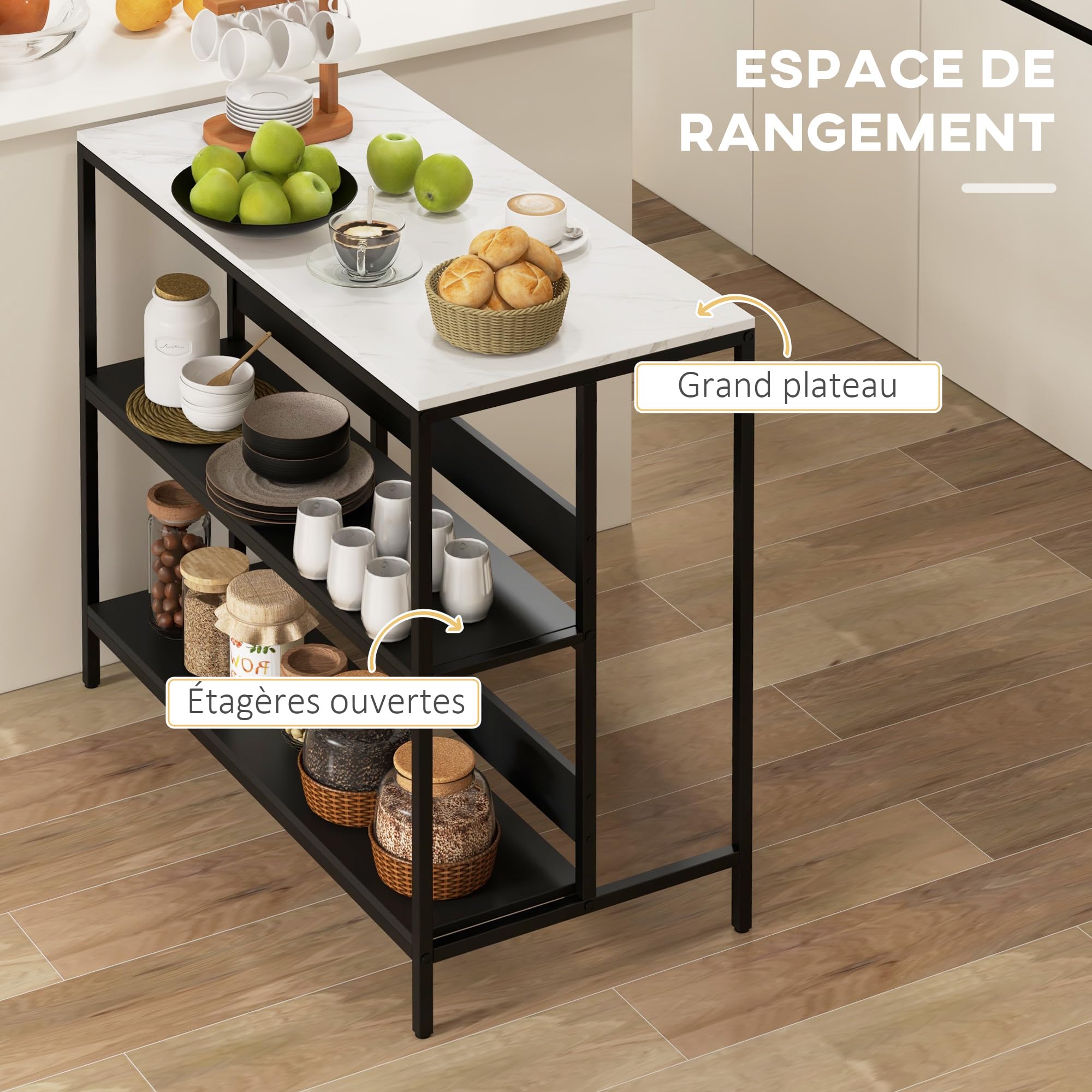 HOMCOM - Postre isla de cocina, mueble de cocina, bandeja de aspecto mármol, estructura de acero, 2 estantes, mueble de almacenamiento para salón, estilo moderno, 100 x 50 x 90 cm, color negro