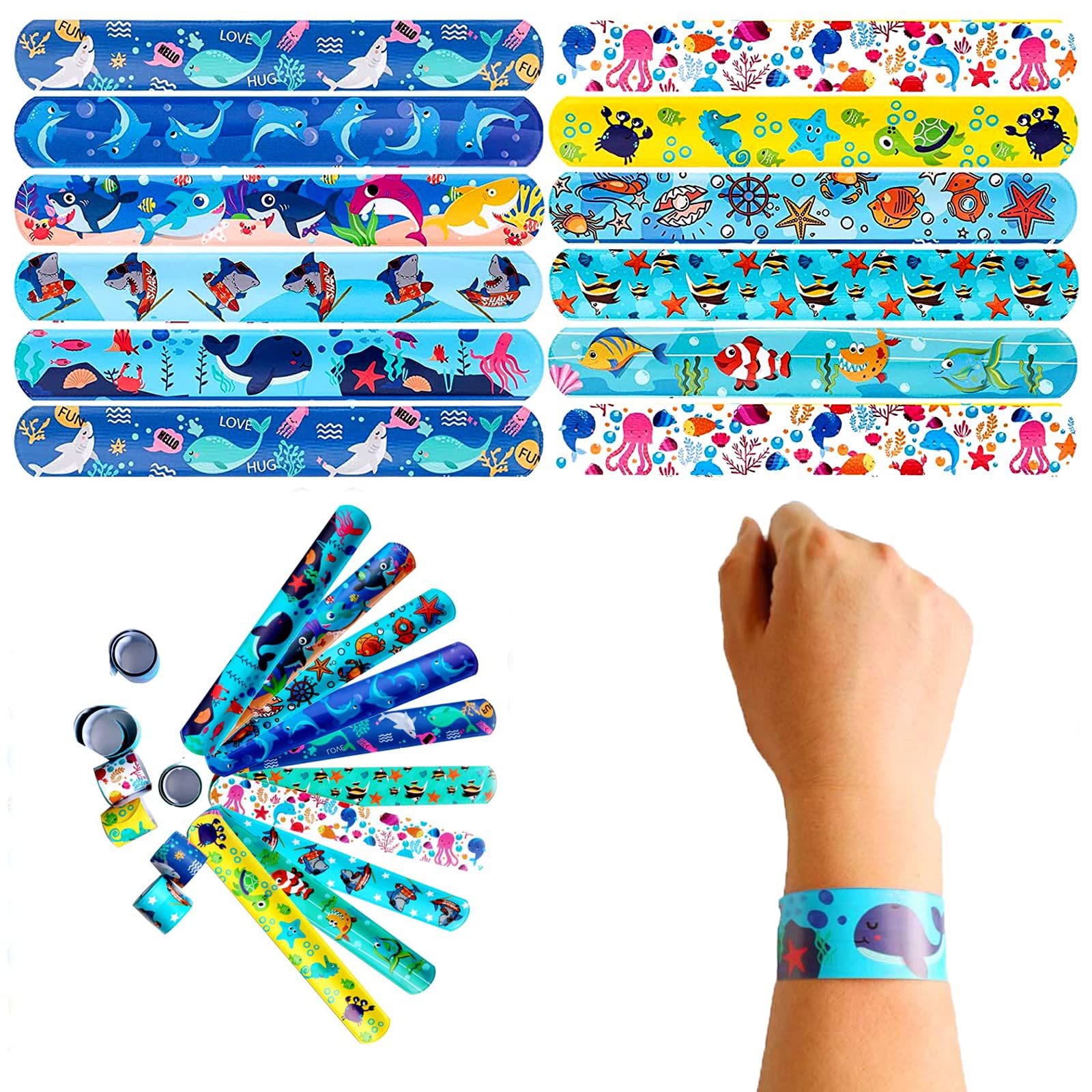 48 Pcs Summer Ocean Theme Party Decorations Friendship Snap Bracelet Party Favors Toys for Beach Pool Nautical Party Supply Shark Pattern Under The Sea Party Boys Slap Bracelets(Random Style Sent)