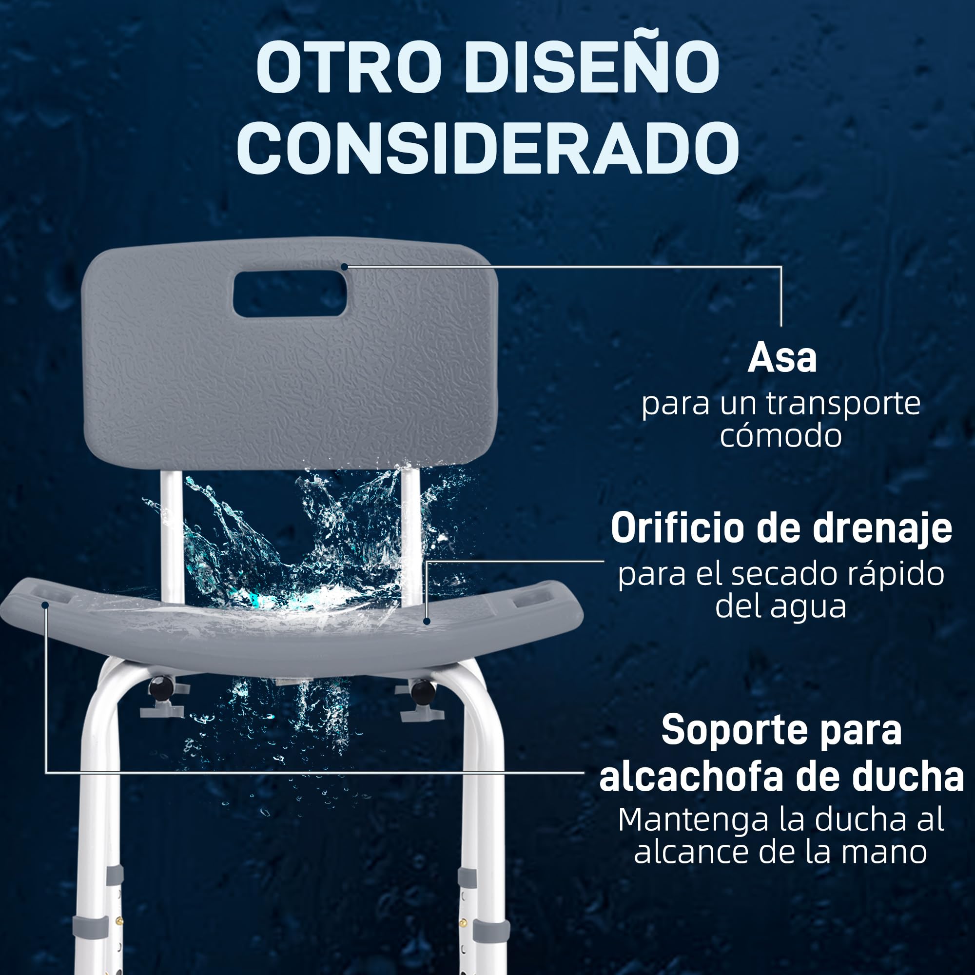 HOMCOM Silla Ducha Personas Mayores Taburete de Ducha Silla para Ducha con Respaldo Antideslizante Altura Regulable en 8 Niveles Carga 136 kg para Ancianos y Discapacitados