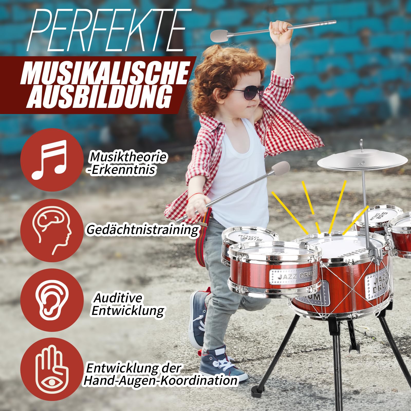 Batterie pour Enfants,Batterie Enfant Musique Instrument Jouets 3 4 5 6 Ans | Toddler Battery 5 Tambours avec Tabouret, Batterie Bebe Instrument de Musique éDucation PréCoce Jouets pour Garçons Filles