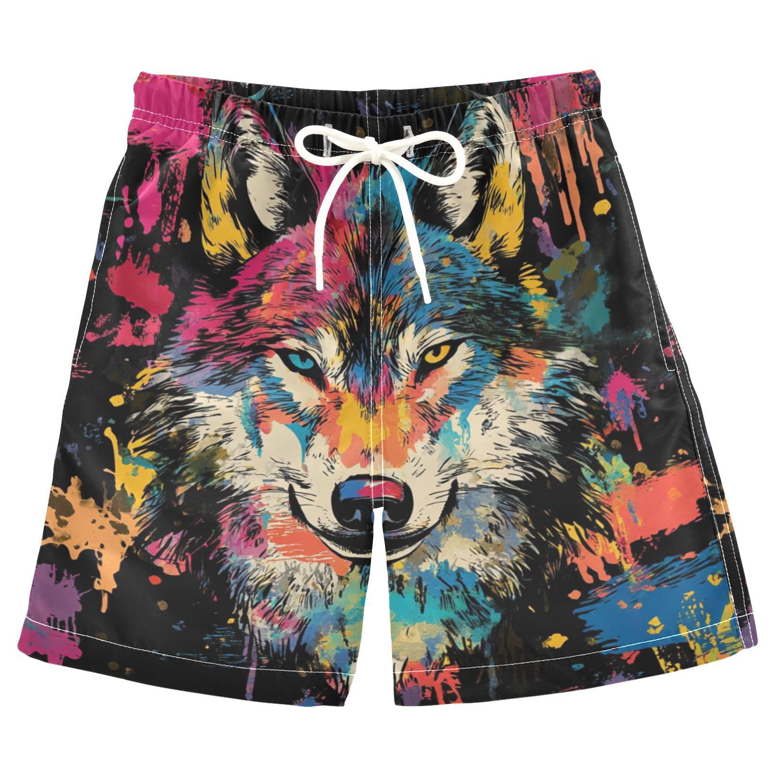 Jucciaco Boys Beach Board Shorts Wolf Graffiti Animal Cool Swim Trunk Teen Swimwear Multicolor