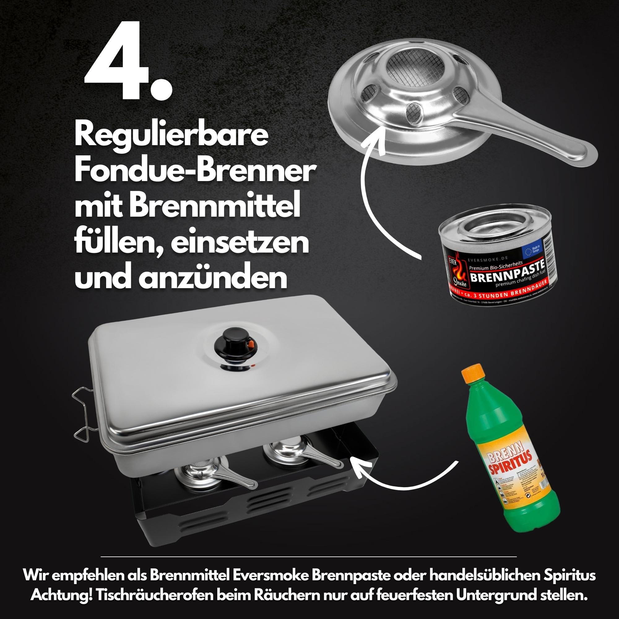Eversmoke Tischräucherofen Edelstahl Deluxe, 40x25x19cm | Mobiler Smoker, für bis zu 8 Fische, 2 Ebenen, Fettauffangplatte, 3 regulierbare Brenner