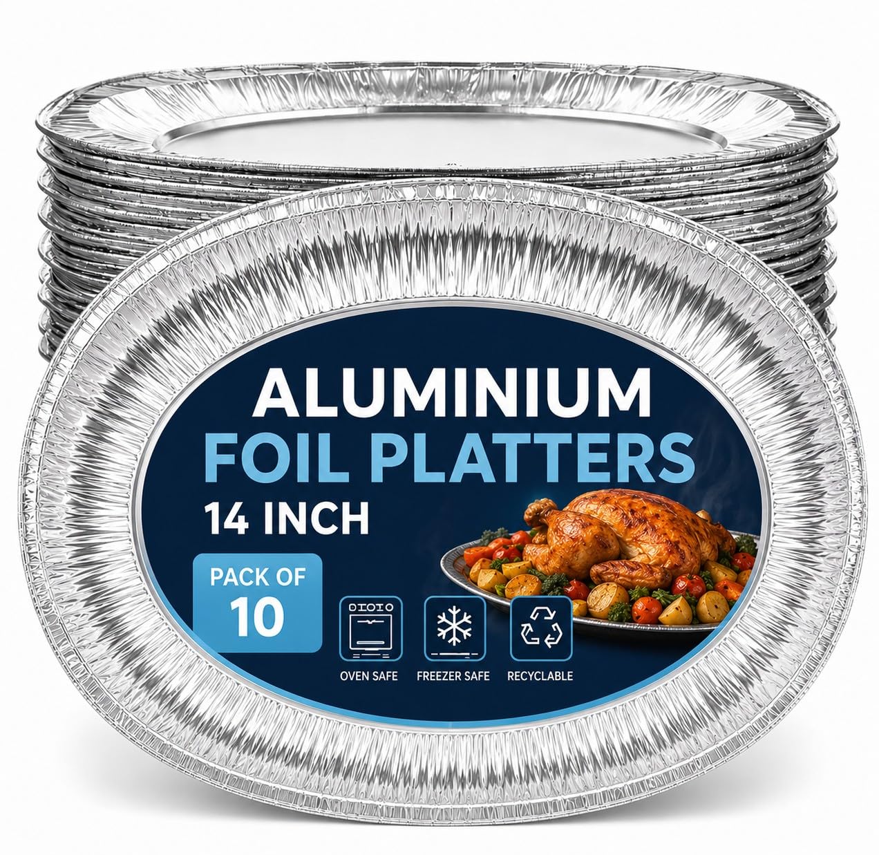 Serving Platters 14 Inch Large Aluminium for Party Food - Pack of 10 - Aluminium Foil Trays - 35x24cm / 14" - Oven & Freezer Safe Buffet Serving Platters for Parties, Sliver