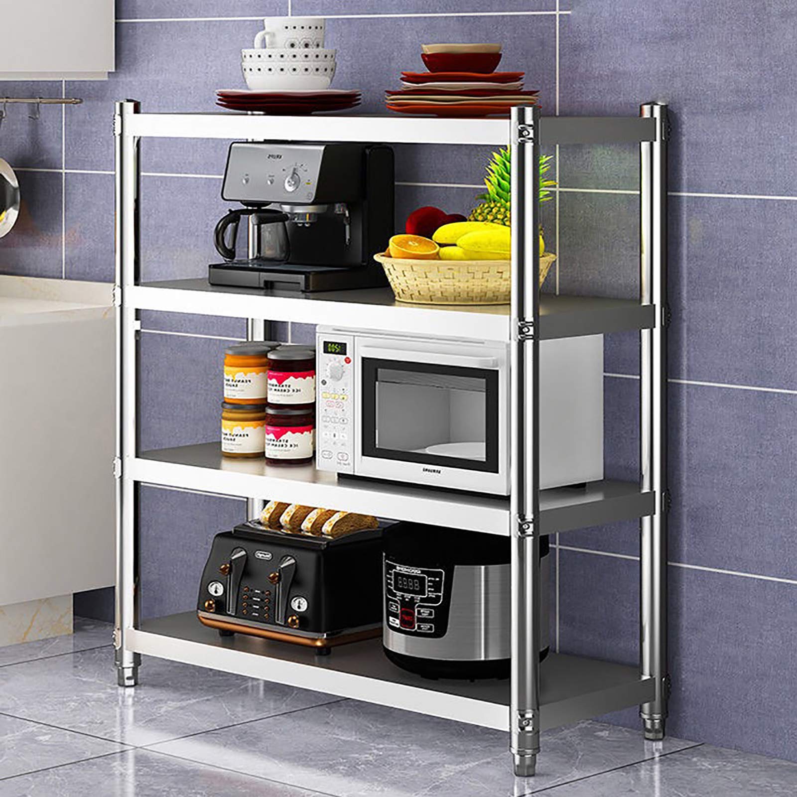 Scaffale da cucina in acciaio inox, per carichi pesanti, da cucina, da parete, in argento, 120 x 40 x 150 cm, 4 ripiani