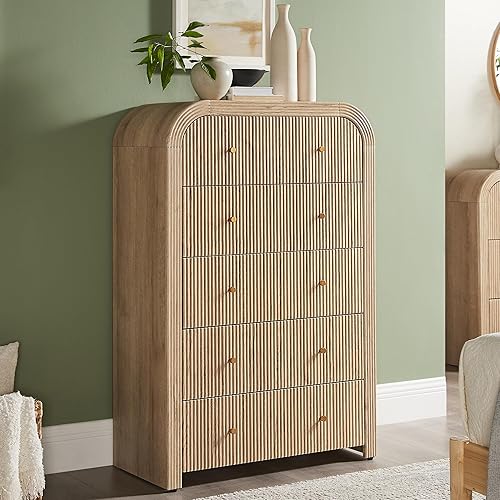 T4TREAM Cómoda acanalada con 5 cajones, cómoda moderna de 48 pulgadas de alto con diseño de perfil curvado grueso, organizador de almacenamiento de