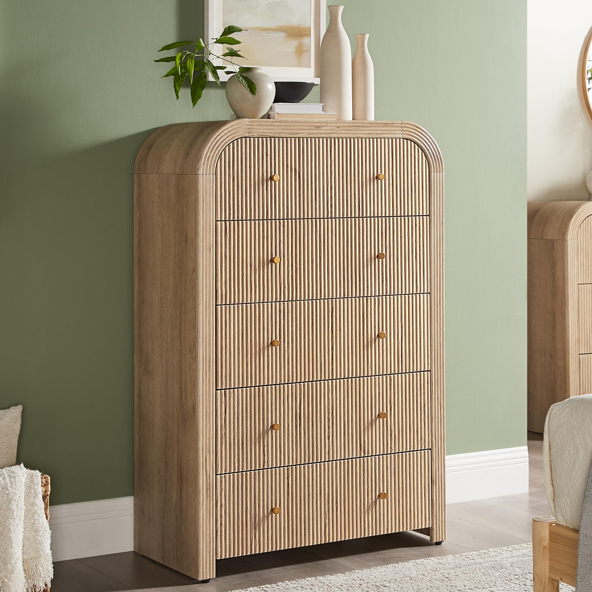 T4TREAM Fluted 5 Drawers Dresser, 48" Tall Modern Chest of Drawers with Thickened Curved Profile Design, Wood Closet Clothes Storage Organizer for Bedroom, Living Room, Hallway, Natural Oak