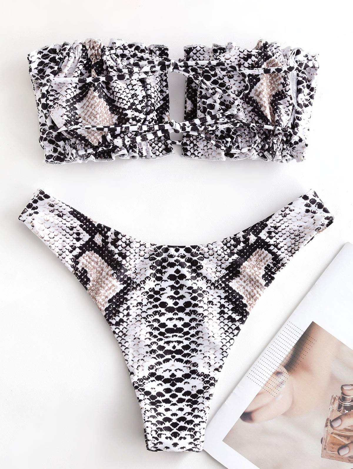 ZAFUL Set Bikini da Donna, Fascia Senza Spalline con Coulisse e Costumi da Bagno in Tinta Unita con Rouches