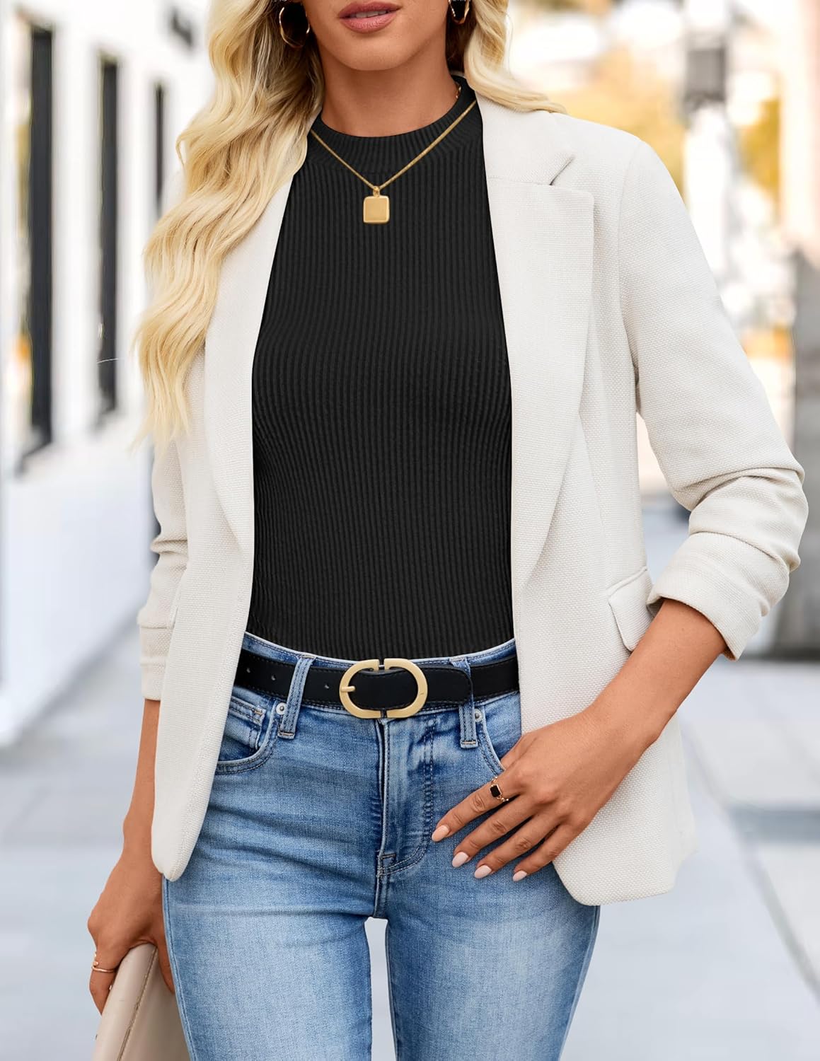 ZESICA Women's Long Sleeve Shirts 2026 Spring Mock Neck Ribbed Slim Fit Tops Basic Tees Dressy Casual Outfits Clothes - Image 5