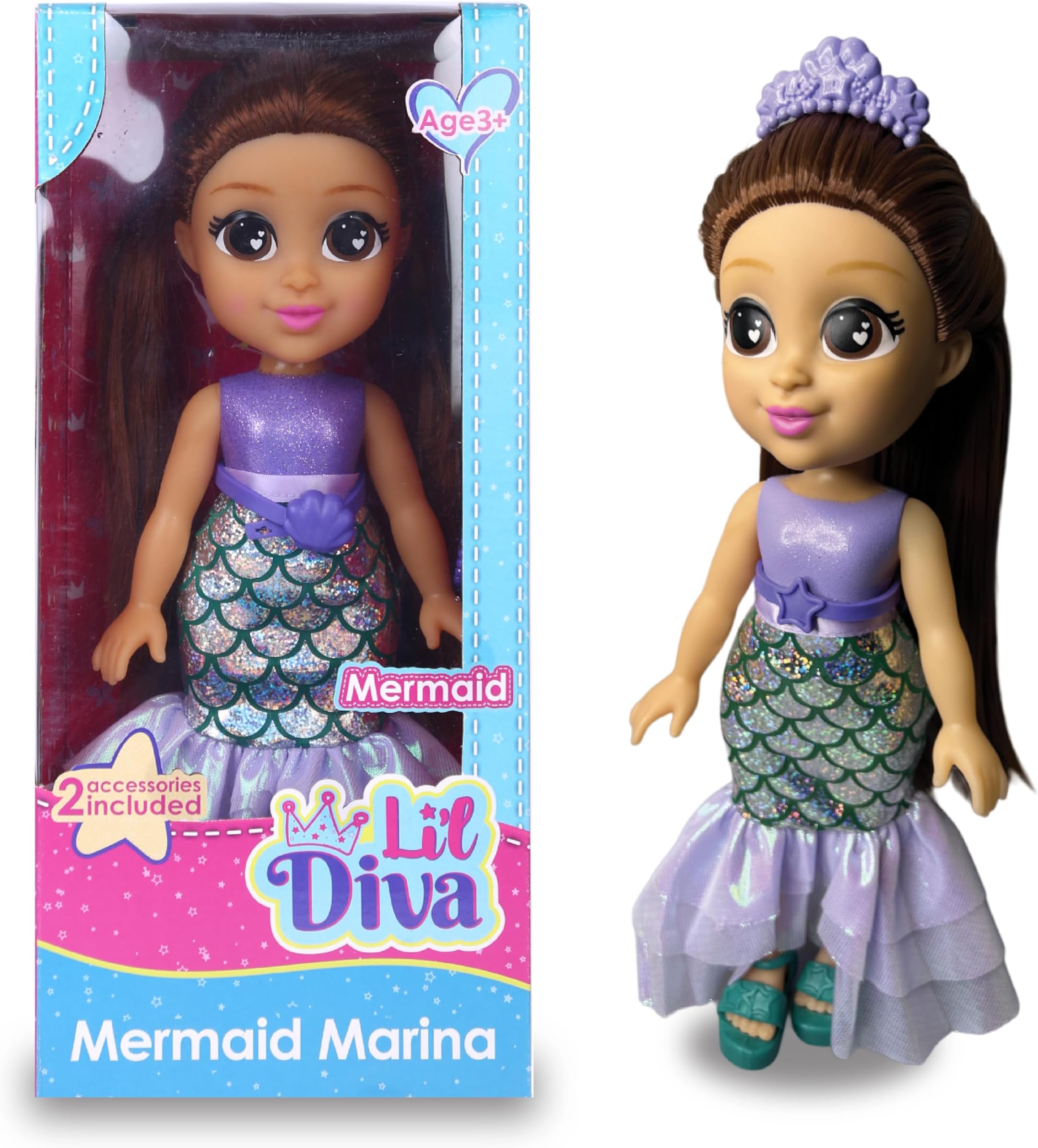 Li'l Diva Mermaid-Marina 13" Doll - India's First Preschool RolePlay Pretendplay With Accessories - Birthday Gift for Girls 3+ - Movable Arms & Legs, Beautiful Dress, Elegant Eyes, Soft Hair
