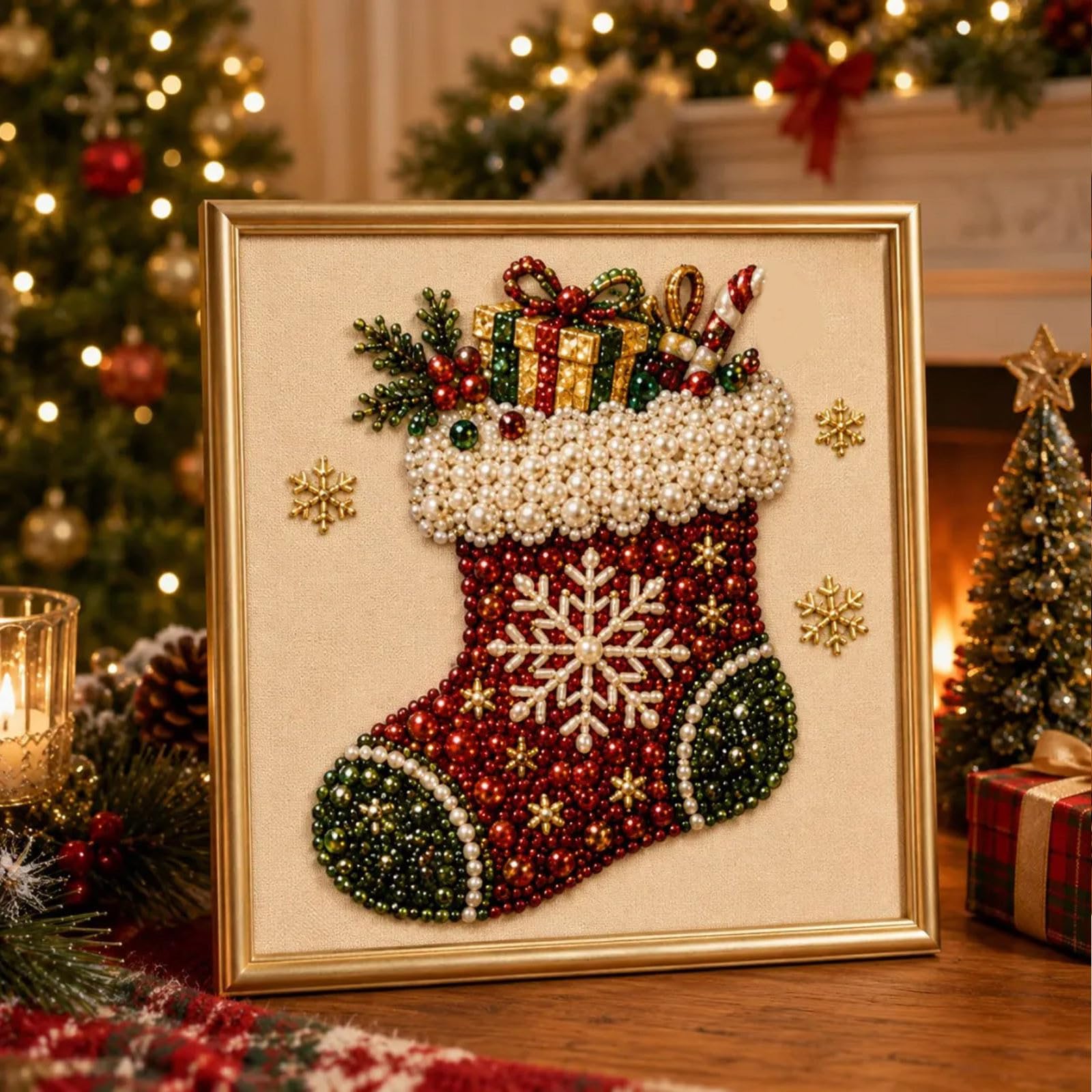 DIY Christmas Pearl Diamond Painting Art Kit with Frame, Christmas Pearl Beads Art Craft for Adults Beginner, 3D Pearl Art Craft Kit, Gemstone Diamond Dots Beads for Home Wall Decor, Handmade (E)
