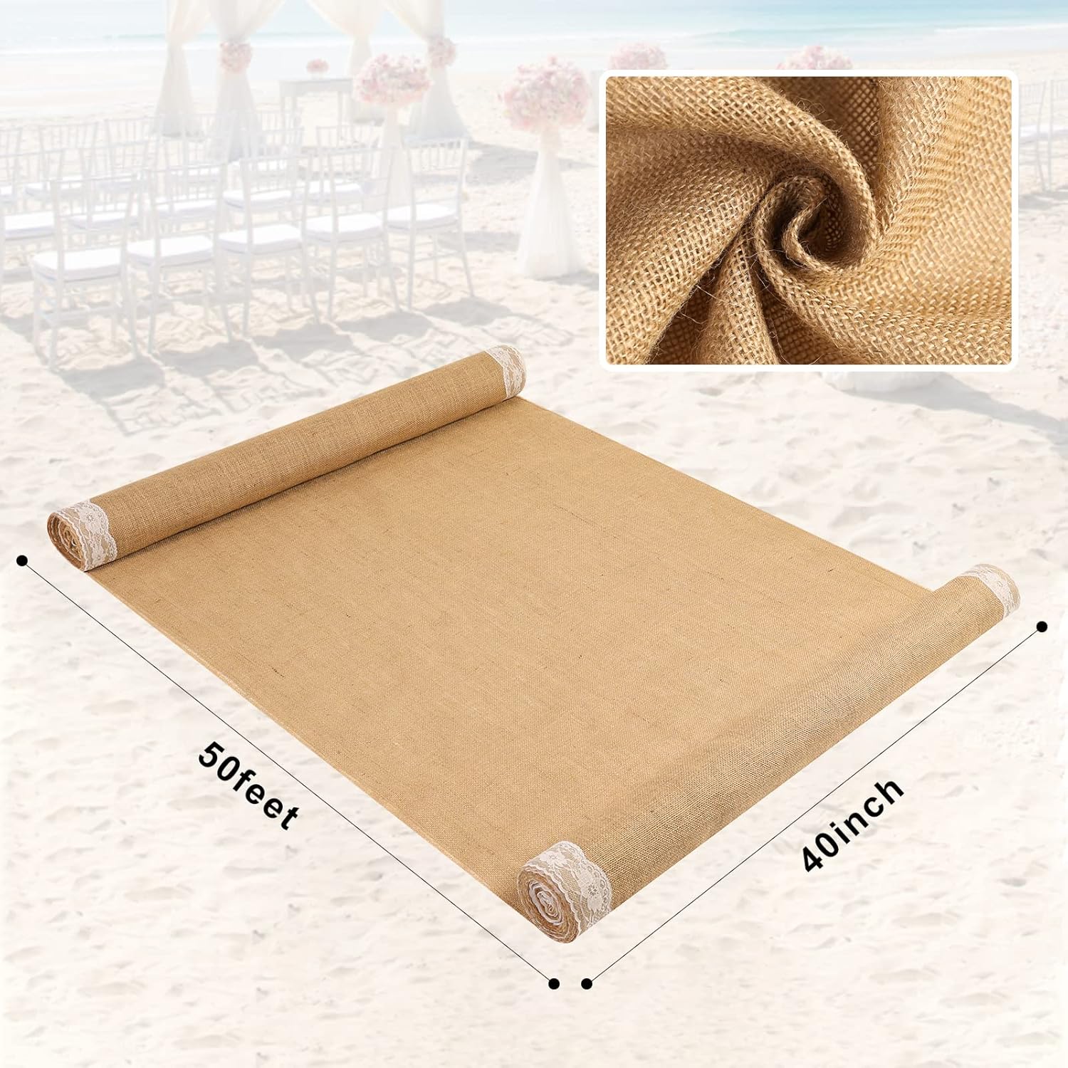 AK TRADING CO. 40" Wide Natural Burlap Wedding Aisle Runner with Ivory Lace - 40" Wide x 50 feet Long