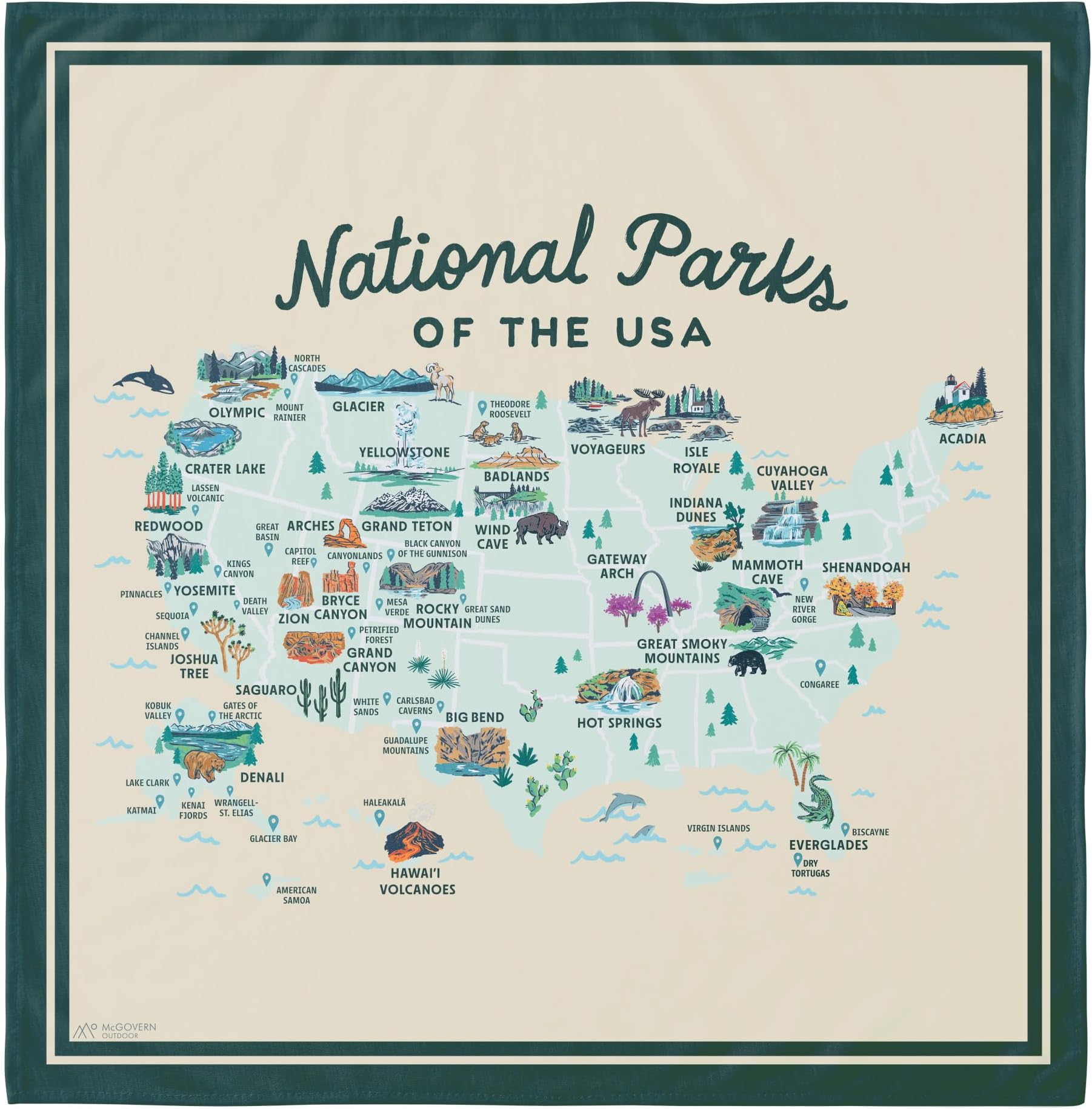 National Parks of the USA Illustrated Map Cotton Bandana - Large Size & Durable 100% Cotton Bandanas for Men & Women, Breathable Neck & Face Cover