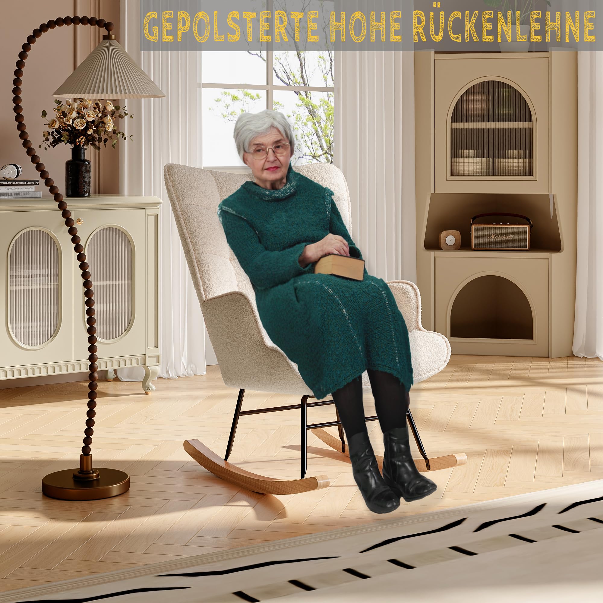 Schaukelstuhl Relaxsessel Stillsessel Schaukelsessel Wohnzimmersessel Schwingsessel mit Metallgestell und Holzsockel, Belastbarkeit Bis 130 Kg, Teddystoff, Beige 75 x 68 x 92 cm