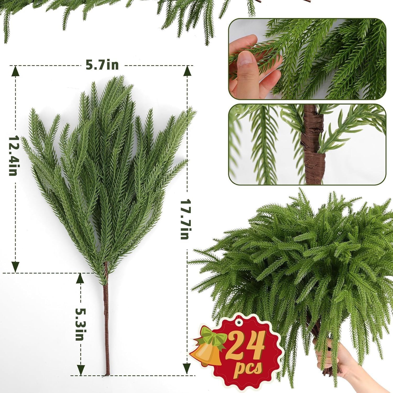 Wambere 10 Stück Norfolk-Kiefernzweige für Weihnachten Künstliche Tannenzweige Kiefernnadel Kiefernzweige Weihnachtszweig Weihnachtszeder Grünzweige für Vasenfüller Zuhause Büro Hochzeit,Grün