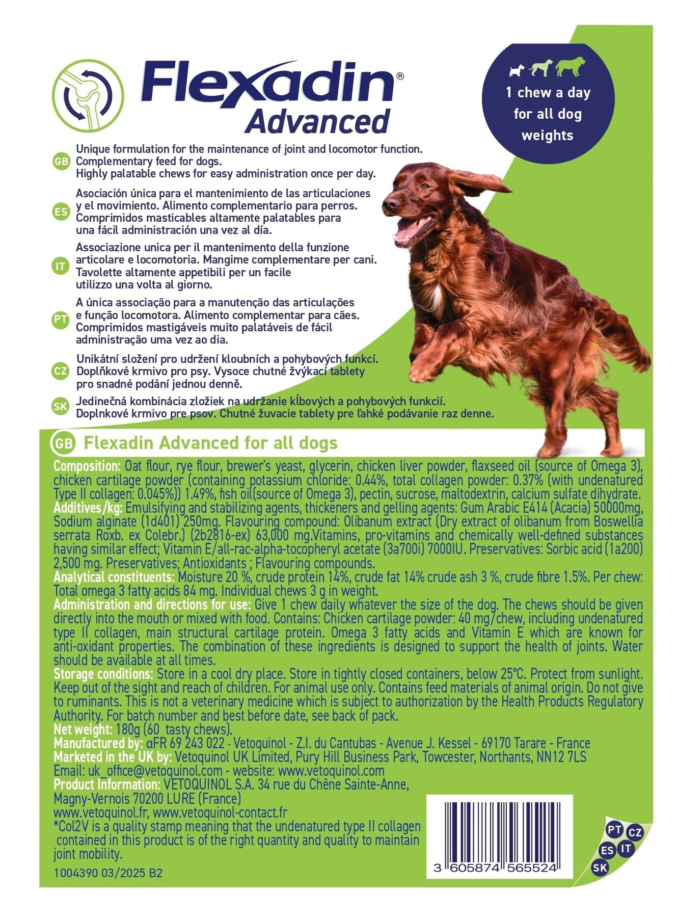 Vetoquinol Flexadin Advanced Cane | Mangime complementare per Cani | Ideale per il supporto delle articolazioni anche in corso di Osteoartrite | 60 Tavolette Appetibili, 1 tavoletta al giorno