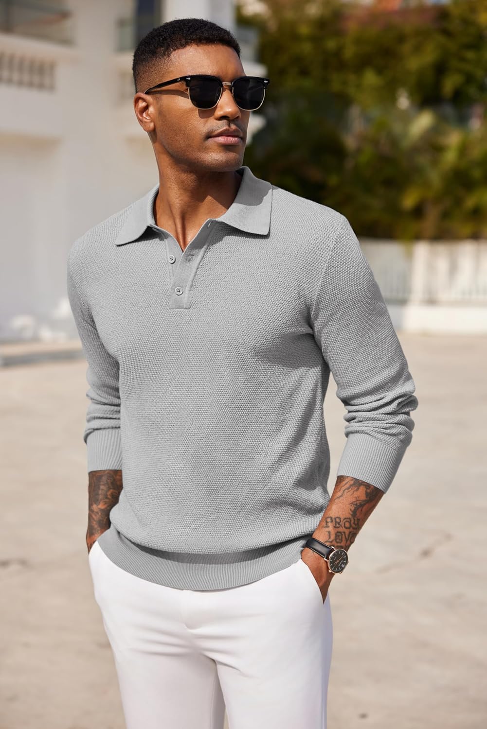 COOFANDY Mens Knit Polo Shirts Long Sleeve Casual Polo Sweaters Shirt Waffle Textured Collared Sweater - Image 2