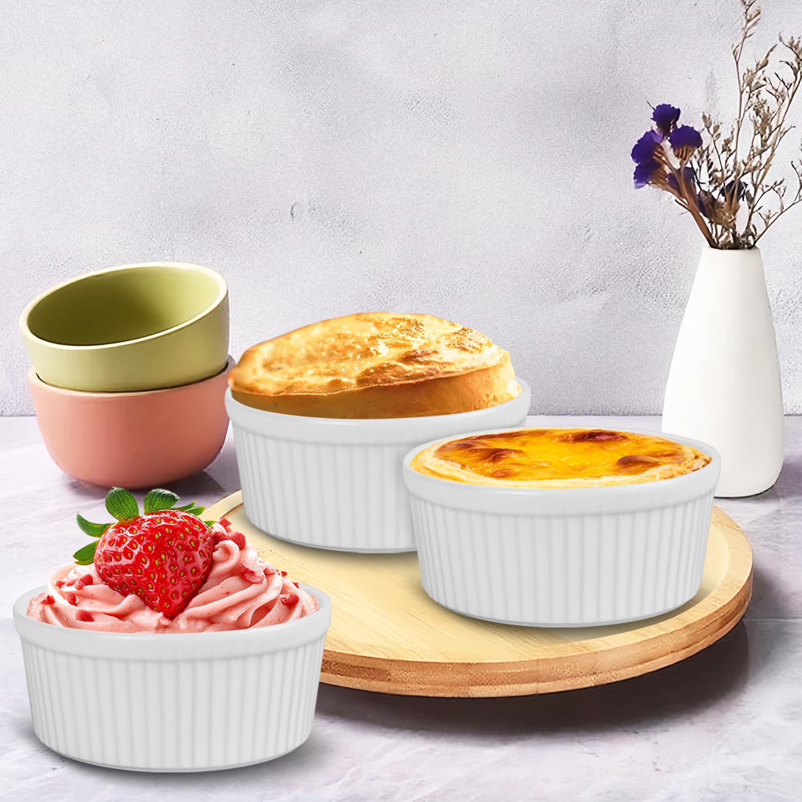 Confezione da 4 pirottini con coperchio, in ceramica, diametro interno di 9,5 cm, per torte, marmellate e soufflé, microonde, forno, lavastoviglie e friggitrice ad aria