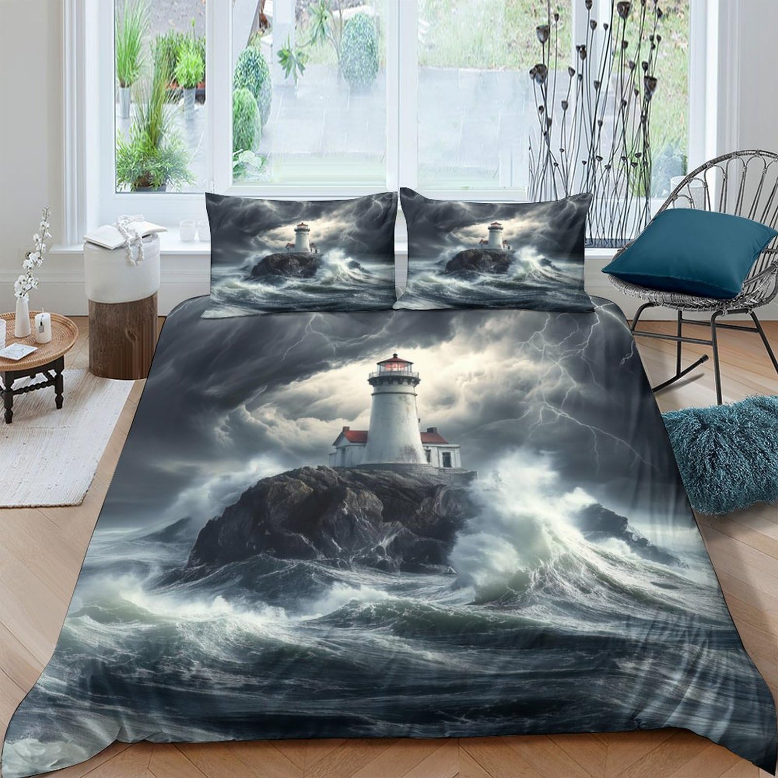 Ctjqhvkz Style-4 3D Printed Storm Lighthouse Fitted Sheet Microfiber Artistic Ocean Wave Bed Cover For Bedroom Dorm Mattress Decor Single（135X200cm）