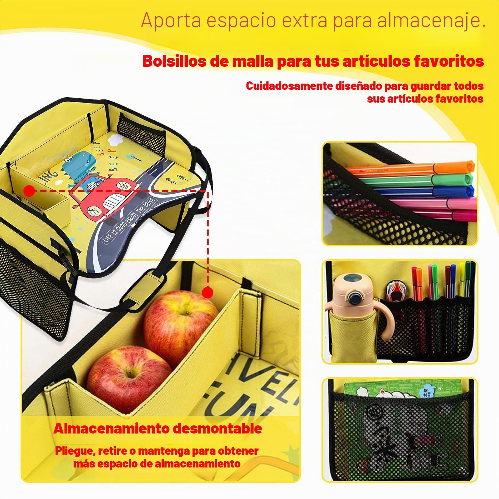 Bandejas de viaje para niños, paletas plegables para automóviles para niños con superficies borrables y grandes espacios de almacenamiento, adecuadas para asientos móviles de viaje