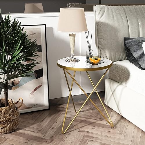 Miniatura 8 de HLR Modern Round Side Table, End Table with Marble Effect Top and Gold Metal Frame, Small Side Table for Living Room, Bedroom, Sofa and Couch, Gold
