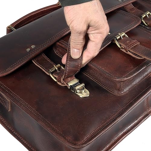 Miniatura 7 de Bolso de mensajero de cuero premium marrón oscuro de 18 pulgadas para hombres y mujeres - Bolso de cuero para portátil, bolso Crossbaody, bolso,