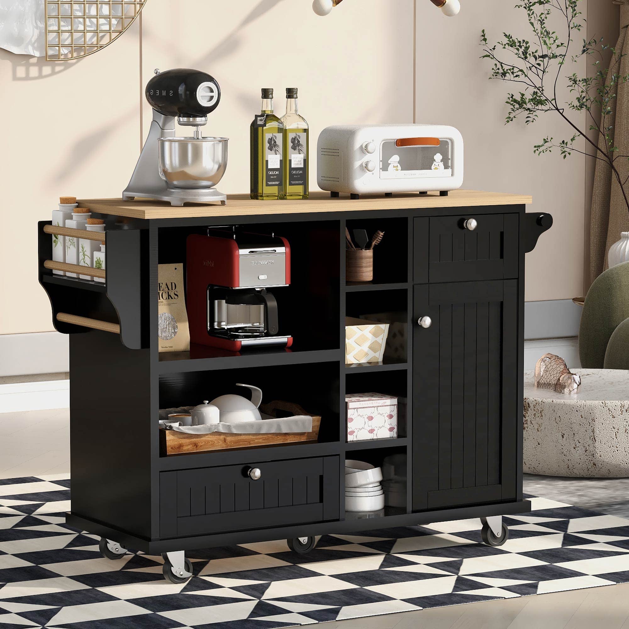 P PURLOVE Kitchen Island Cart with Wood Desktop and Storage Cabinet, Rolling Kitchen Island on Wheels with Adjustable Shelves, 2 Drawers and Lockable Casters, Black