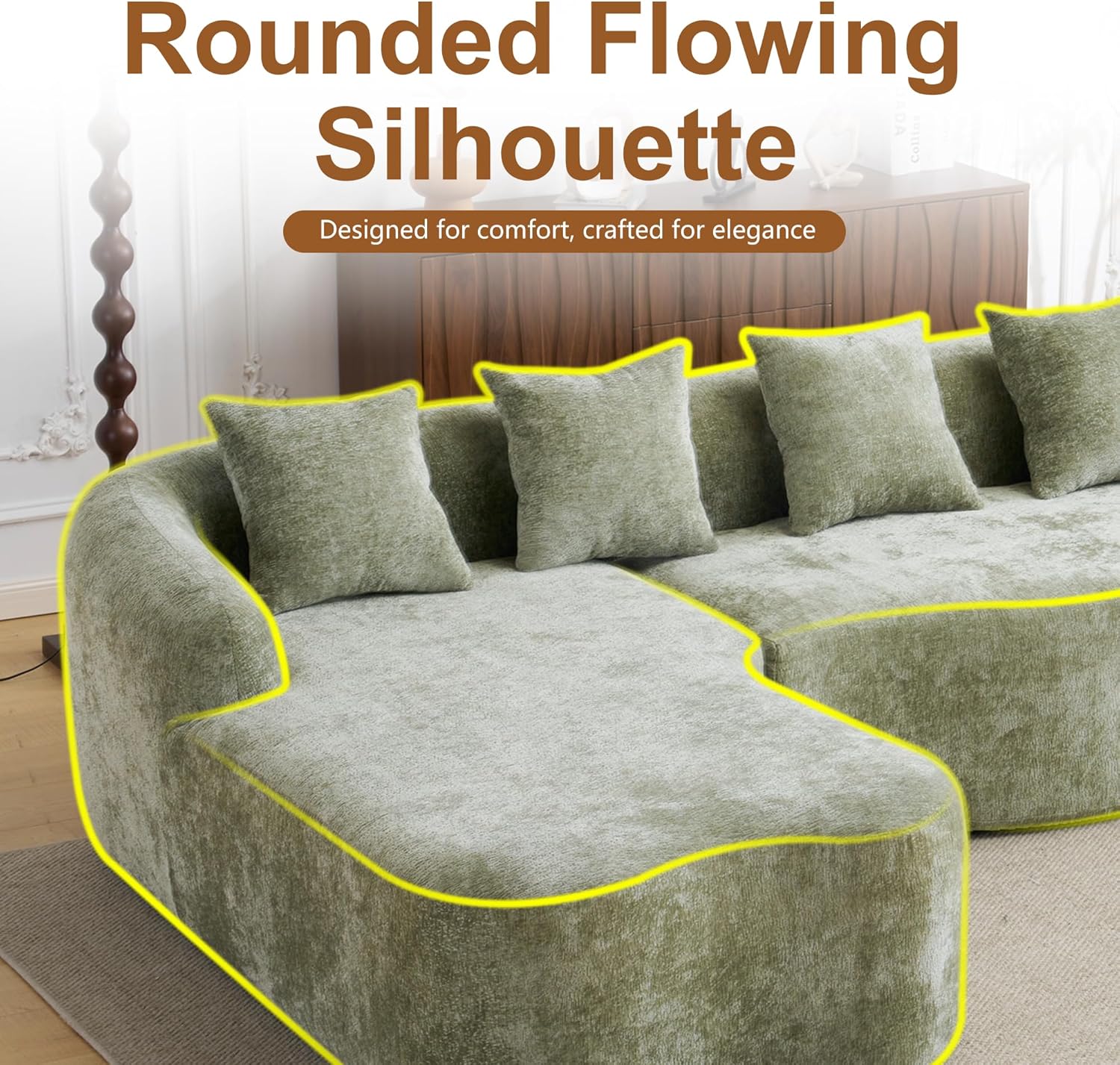 104.7" Cloud Sectional Couch with L-Shape Couches-Boneless with Deep Seat,Chenille Fabric Modern Modular Sofa,Curved Couches for Living Room, Memory Foam Couch,No Assembly Sofas (Green)