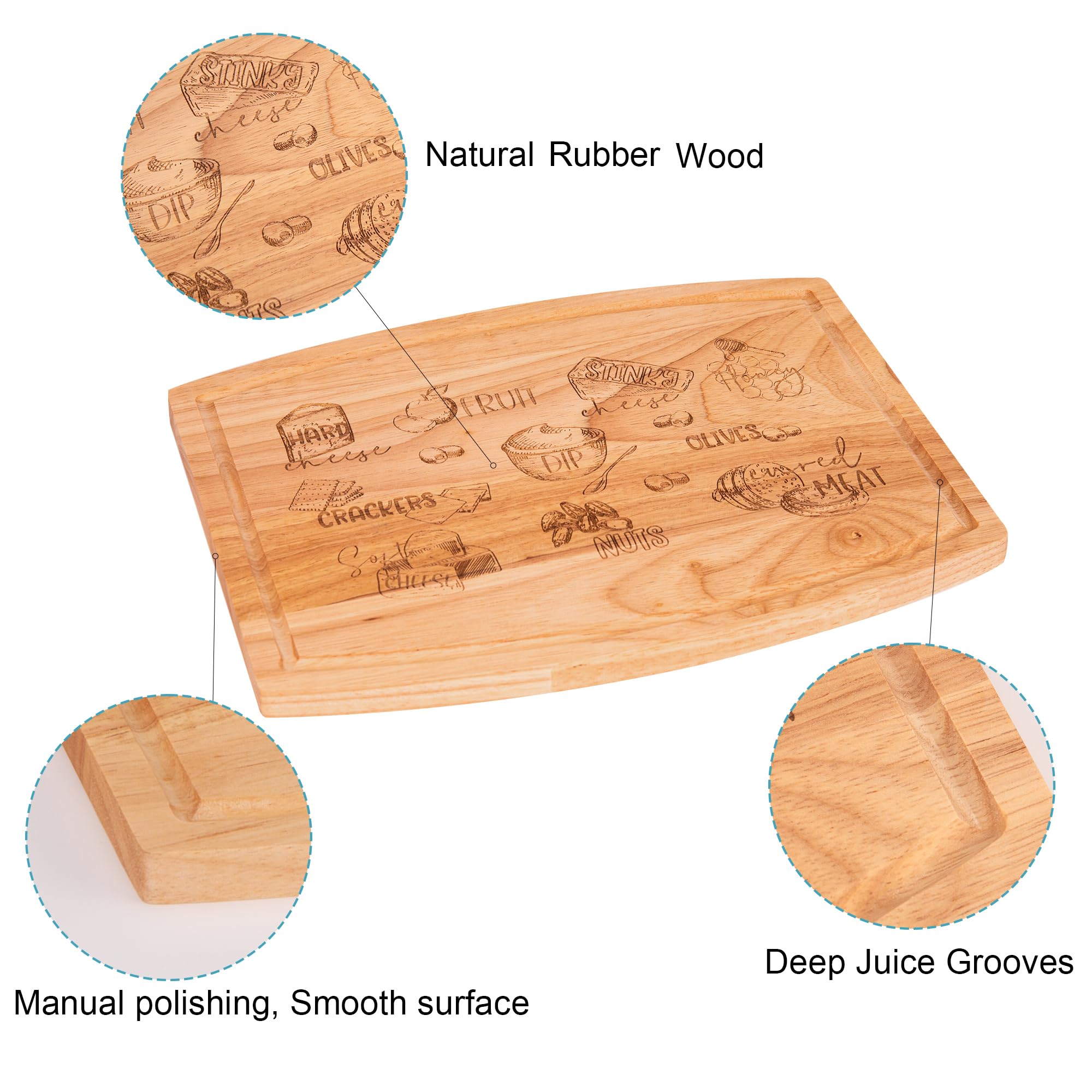 Tabla de cortar de madera de caucho, tabla de servir de madera, regalos para mujeres, parejas, aniversario de boda, embutidos, queso, carne, verduras (alimentos)