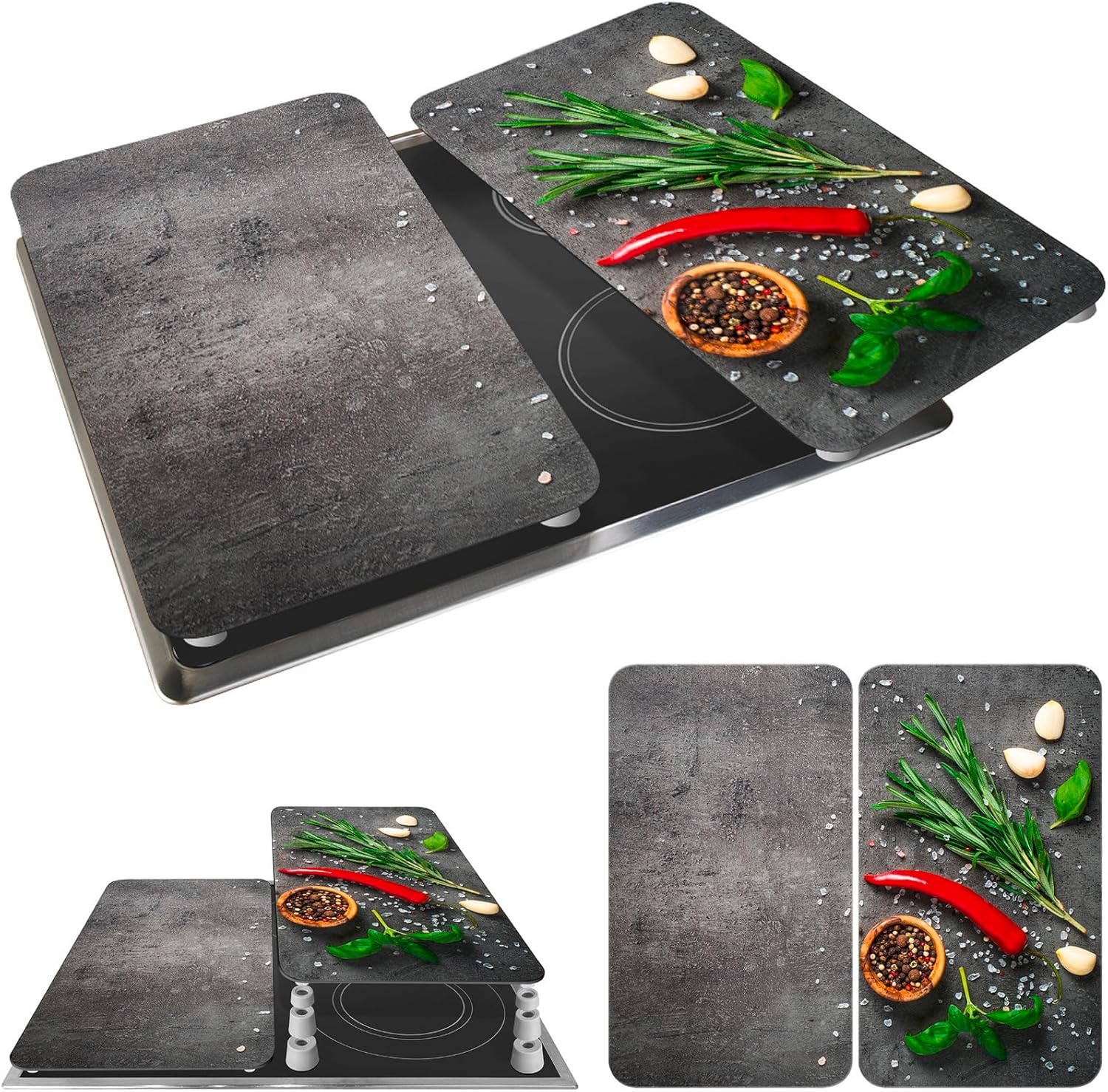 Maximex Rosmarin Stovetop Covers, Height-Adjustable Glass Cover Plate for All Hob Tops, Chopping Board & Splash Guard, Kitchen Glass, No Drilling, Universal Hob Covers Ceramic Hob 2 Pieces