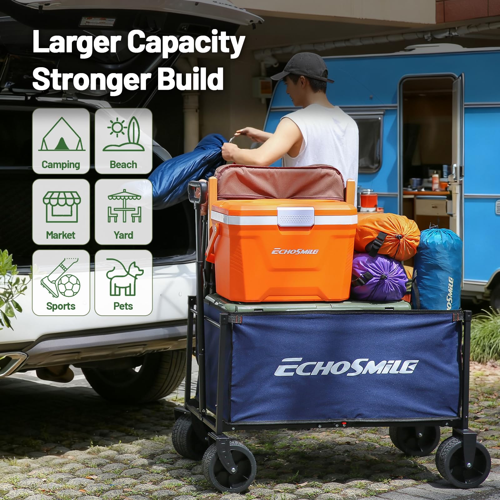 EchoSmile Carro Plegable de 200L 180 kg, Carro de Mano, Carro de Transporte, Carrito con Mango Ajustable, Ruedas Anchas, Todo Terreno, de Playa Camping Jardín Compras (Azul)