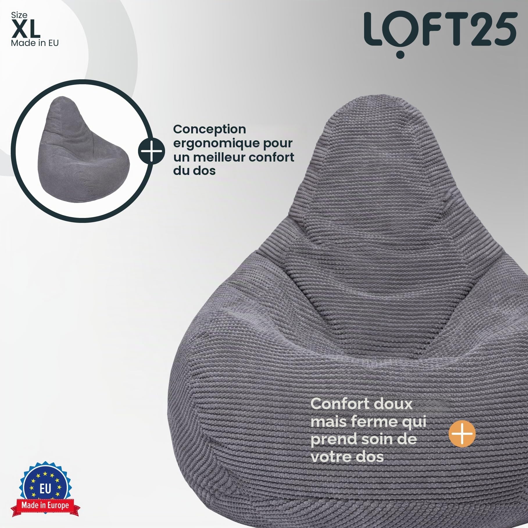 Loft 25 Pouf ergonomique d’intérieur en forme de poire à dossier haut pour adulte en tissu velours côtelé et doublure intérieure Gris anthracite